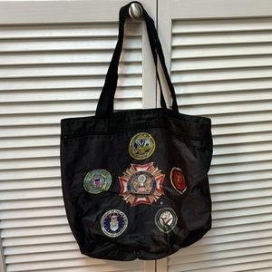 Black tote bag with USA Military logos
